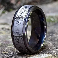 Mens Comfort Fit 9mm Black Titanium Cross Wedding Band