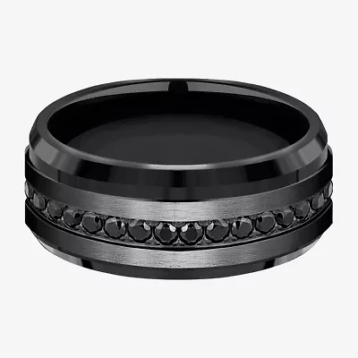 Mens Comfort Fit 9mm Black Titanium and Cubic Zirconia Wedding Band