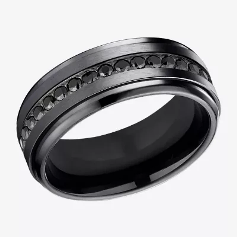 Mens Comfort Fit 9mm Black Titanium and Cubic Zirconia Wedding Band