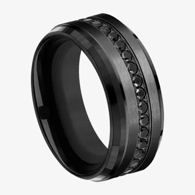 Mens Comfort Fit 9mm Black Titanium and Cubic Zirconia Wedding Band