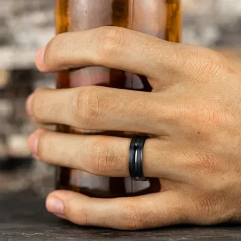 Mens Black Titanium Satin Center 7.5mm Wedding Band