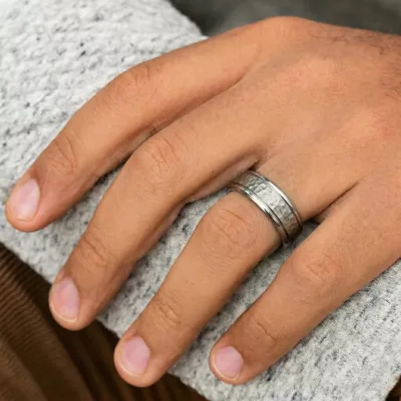 Mens Titanium Hammered Center 7mm Wedding Band