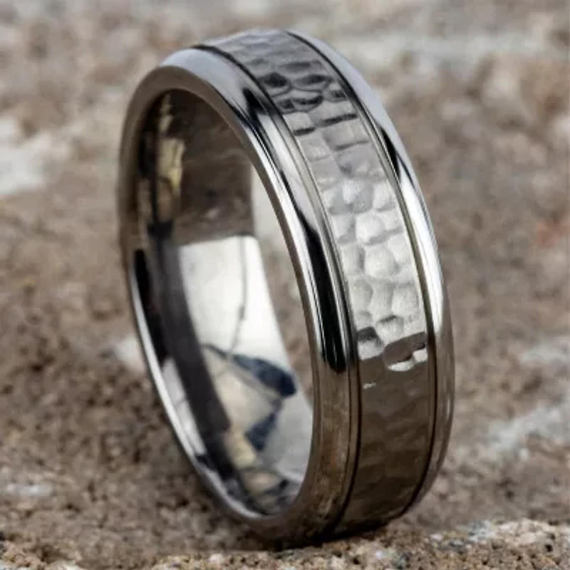 Mens Titanium Hammered Center 7mm Wedding Band