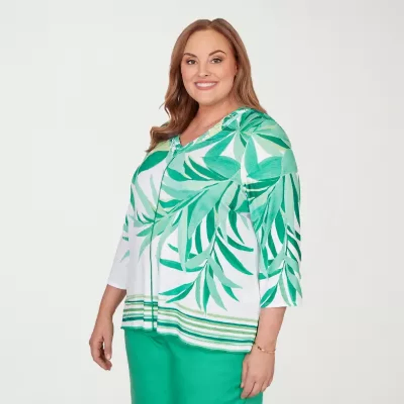Alfred Dunner Resort Living Womens V Neck 3/4 Sleeve T-Shirt