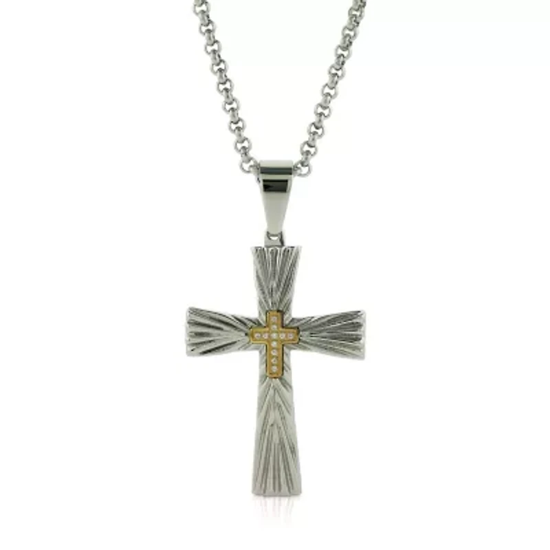 Mens White Diamond Stainless Steel Cross 24 Inch Pendant Necklace