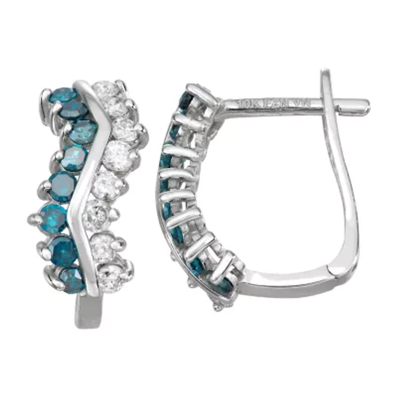 5/8 CT.T.W. Color-Enhanced Blue and Natural White Diamond 14mm Huggie Hoop Earrings in 10K White Gold