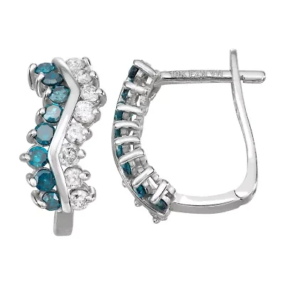 5/8 CT.T.W. Color-Enhanced Blue and Natural White Diamond 14mm Huggie Hoop Earrings in 10K White Gold