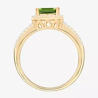 Womens Diamond Accent Gemstone 10K Gold Cushion Halo Side Stone Cocktail Ring