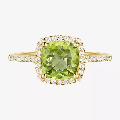Womens Diamond Accent Gemstone 10K Gold Cushion Halo Side Stone Cocktail Ring