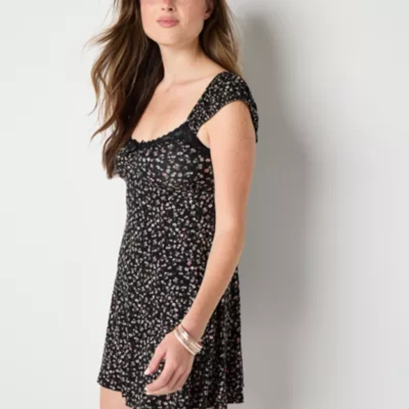 Arizona Womens Short Sleeve Juniors Floral Babydoll Dress