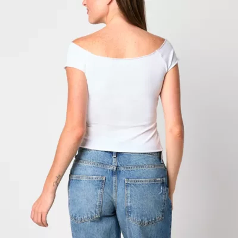 Arizona Off The Shoulder Womens Juniors Boat Neck Short Sleeve T-Shirt