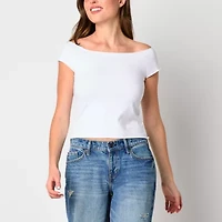 Arizona Off The Shoulder Womens Juniors Boat Neck Short Sleeve T-Shirt