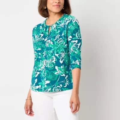 Liz Claiborne Womens Keyhole Neck 3/4 Sleeve Blouse