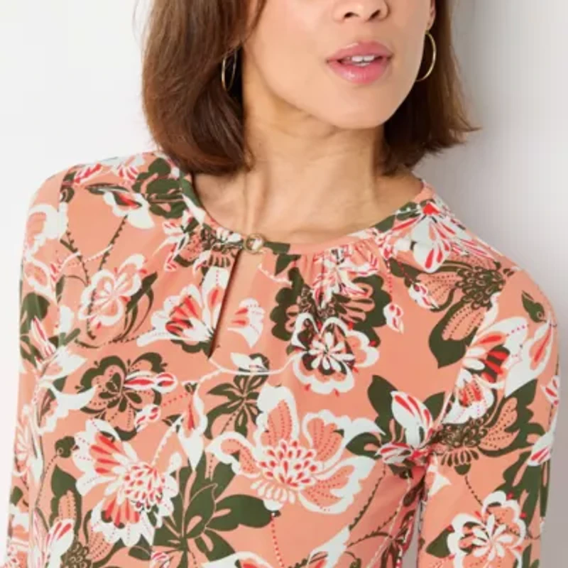 Liz Claiborne Womens Keyhole Neck 3/4 Sleeve Blouse