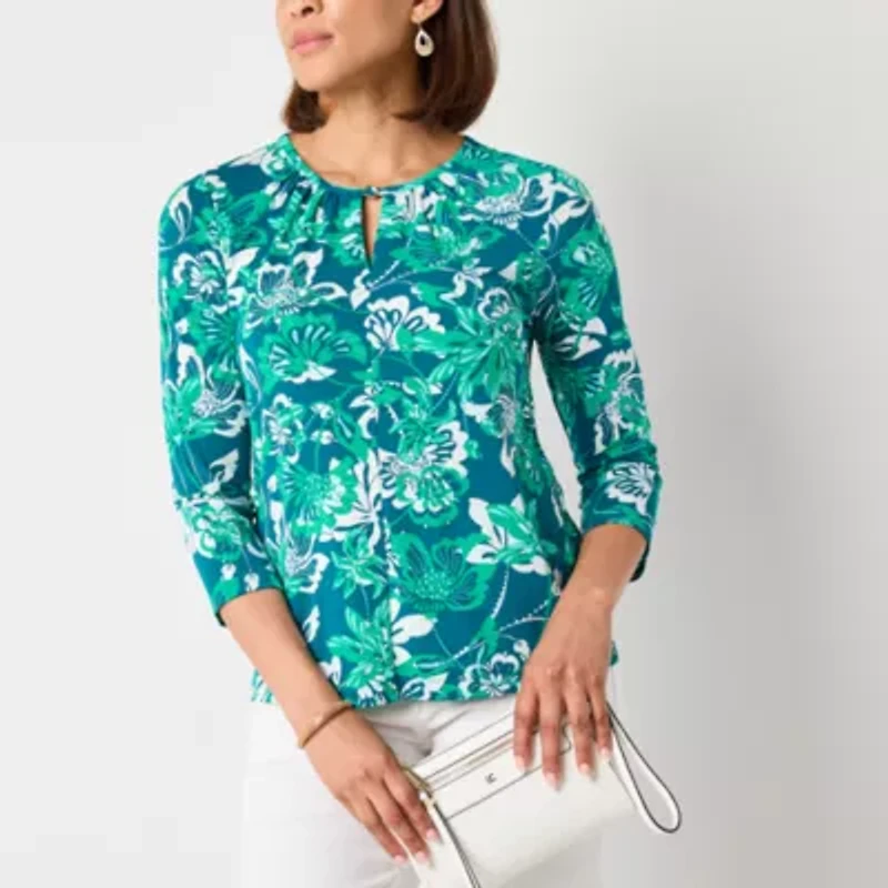 Liz Claiborne Womens Keyhole Neck 3/4 Sleeve Blouse
