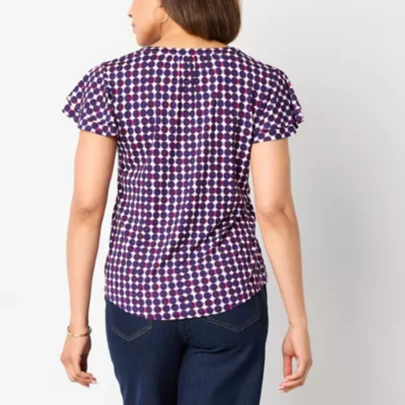 Liz Claiborne Womens Split Crew Neck Short Sleeve Blouse
