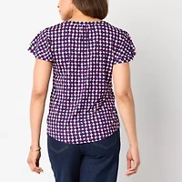 Liz Claiborne Womens Split Crew Neck Short Sleeve Blouse