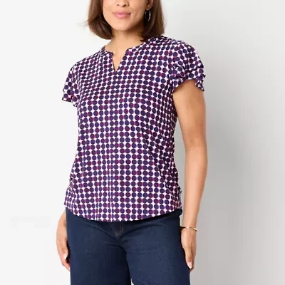 Liz Claiborne Womens Split Crew Neck Short Sleeve Blouse
