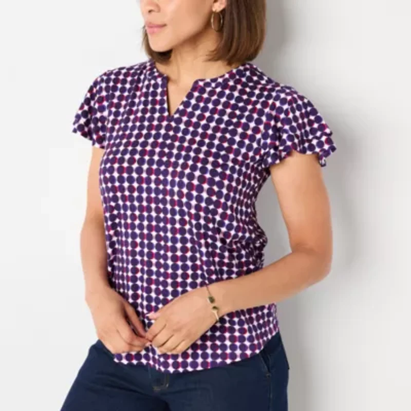 Liz Claiborne Womens Split Crew Neck Short Sleeve Blouse