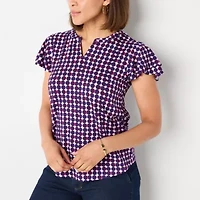Liz Claiborne Womens Split Crew Neck Short Sleeve Blouse