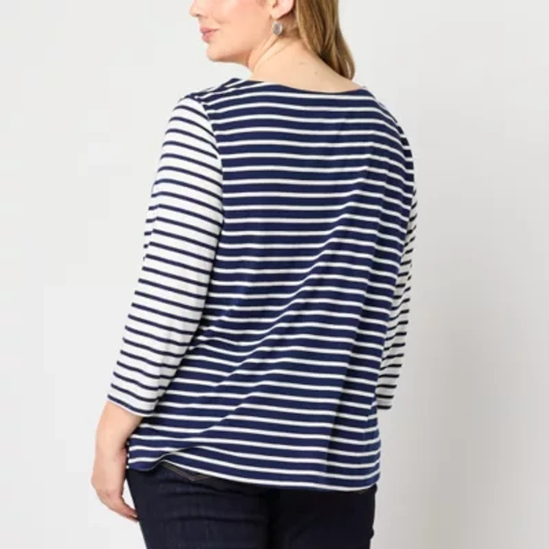 St. John's Bay Womens Plus Boat Neck 3/4 Sleeve T-Shirt