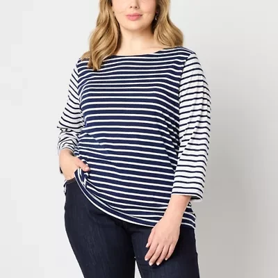 St. John's Bay Womens Plus Boat Neck 3/4 Sleeve T-Shirt