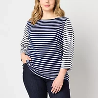 St. John's Bay Womens Plus Boat Neck 3/4 Sleeve T-Shirt