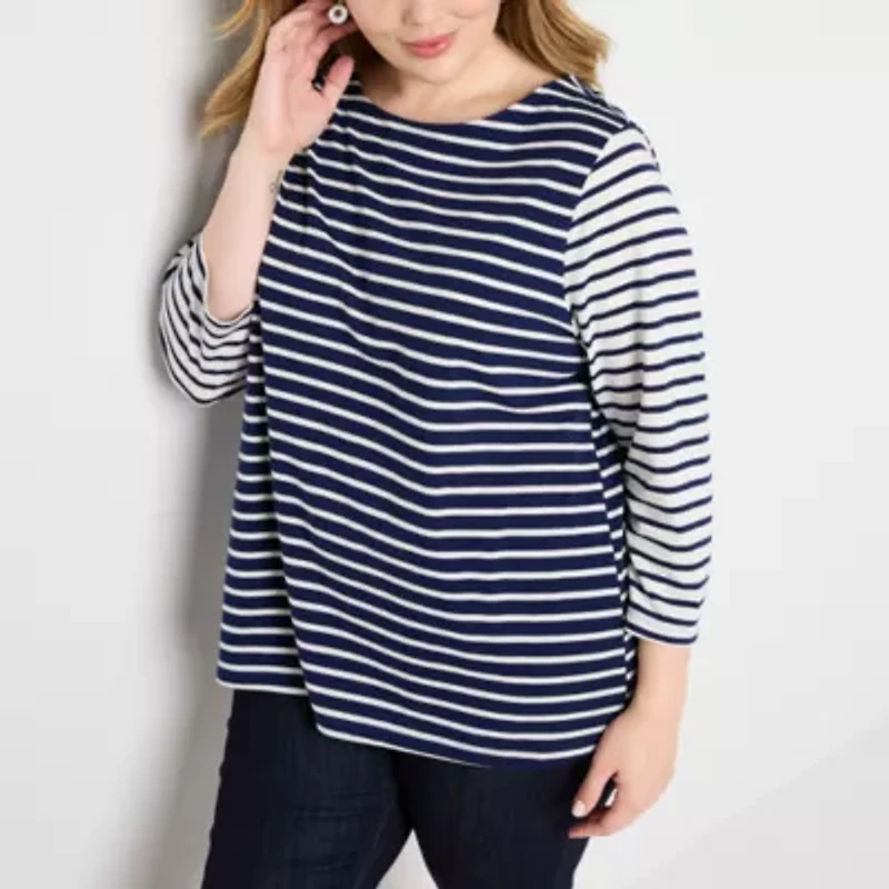 St. John's Bay Womens Plus Boat Neck 3/4 Sleeve T-Shirt