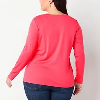 St. John's Bay Womens Plus V Neck Long Sleeve T-Shirt