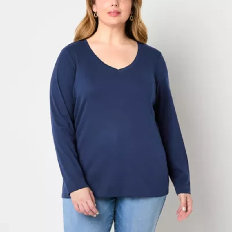 St. John's Bay Womens V Neck Long Sleeve Plus T-Shirt