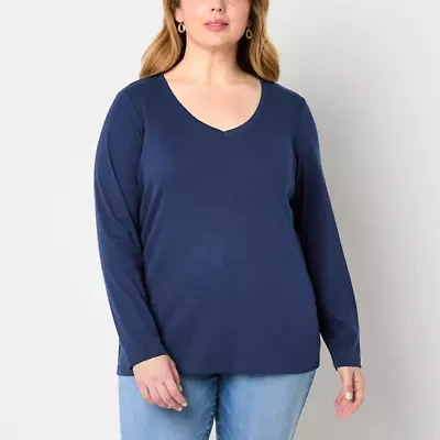 St. John's Bay Womens Plus V Neck Long Sleeve T-Shirt