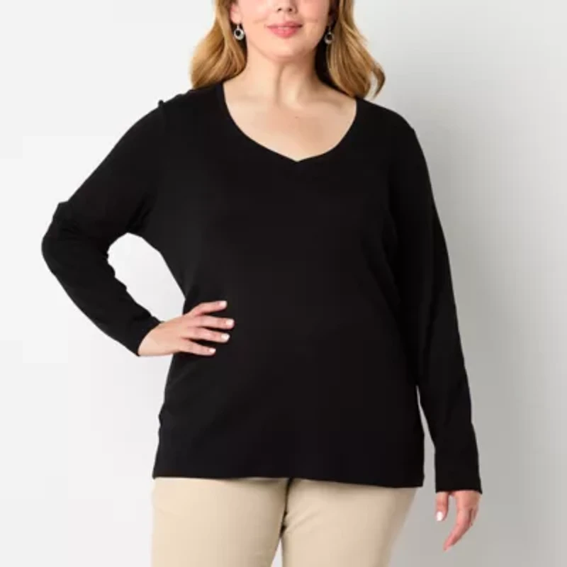 St. John's Bay Womens Plus V Neck Long Sleeve T-Shirt