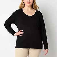 St. John's Bay Womens Plus V Neck Long Sleeve T-Shirt