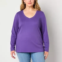 St. John's Bay Womens Plus V Neck Long Sleeve T-Shirt
