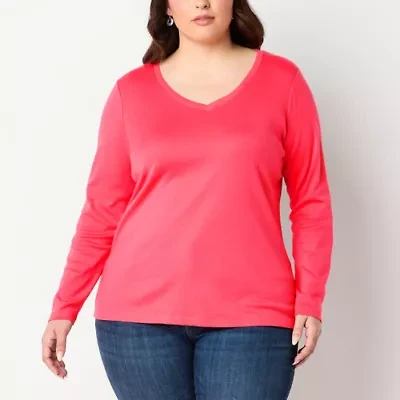 St. John's Bay Womens Plus V Neck Long Sleeve T-Shirt