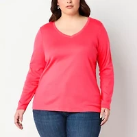 St. John's Bay Womens Plus V Neck Long Sleeve T-Shirt