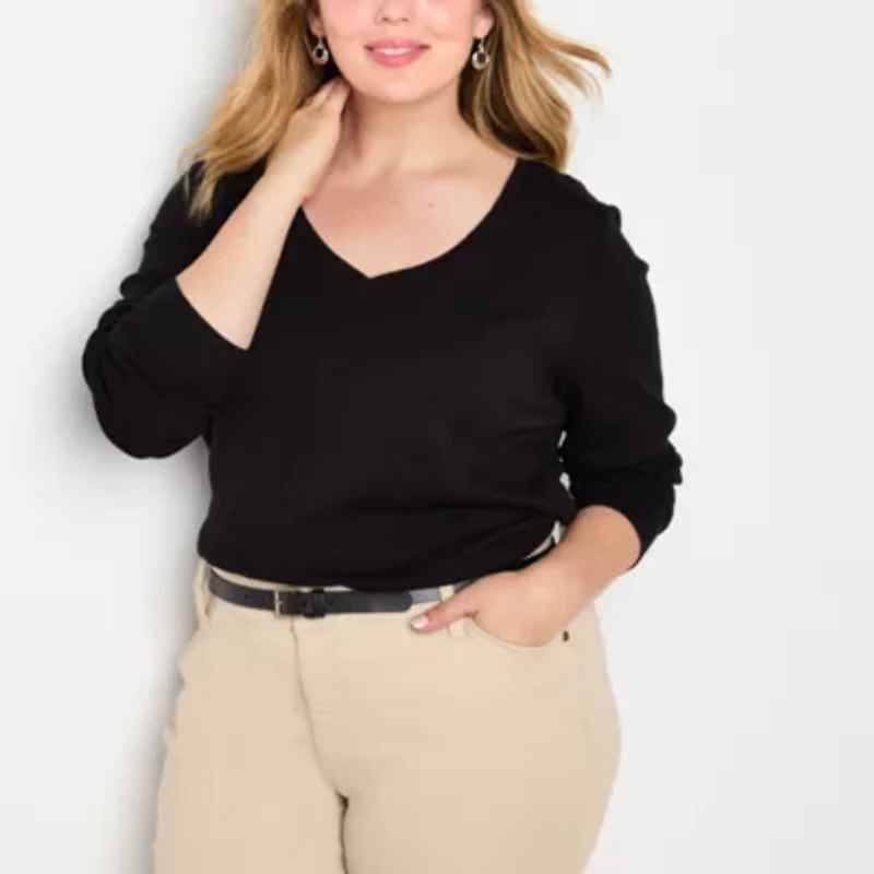 St. John's Bay Womens Plus V Neck Long Sleeve T-Shirt