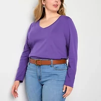 St. John's Bay Womens Plus V Neck Long Sleeve T-Shirt