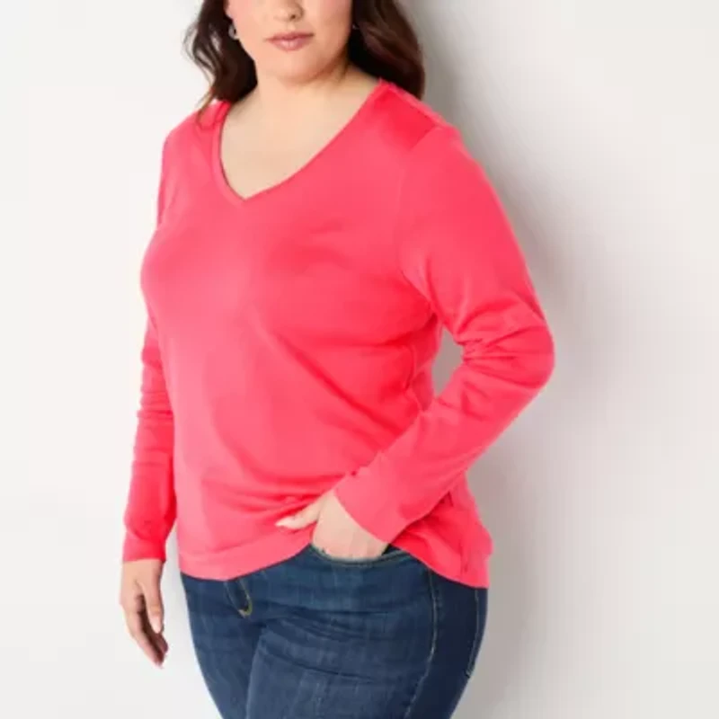 St. John's Bay Womens Plus V Neck Long Sleeve T-Shirt