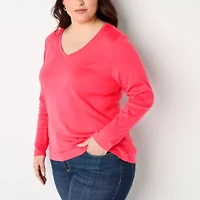 St. John's Bay Womens Plus V Neck Long Sleeve T-Shirt