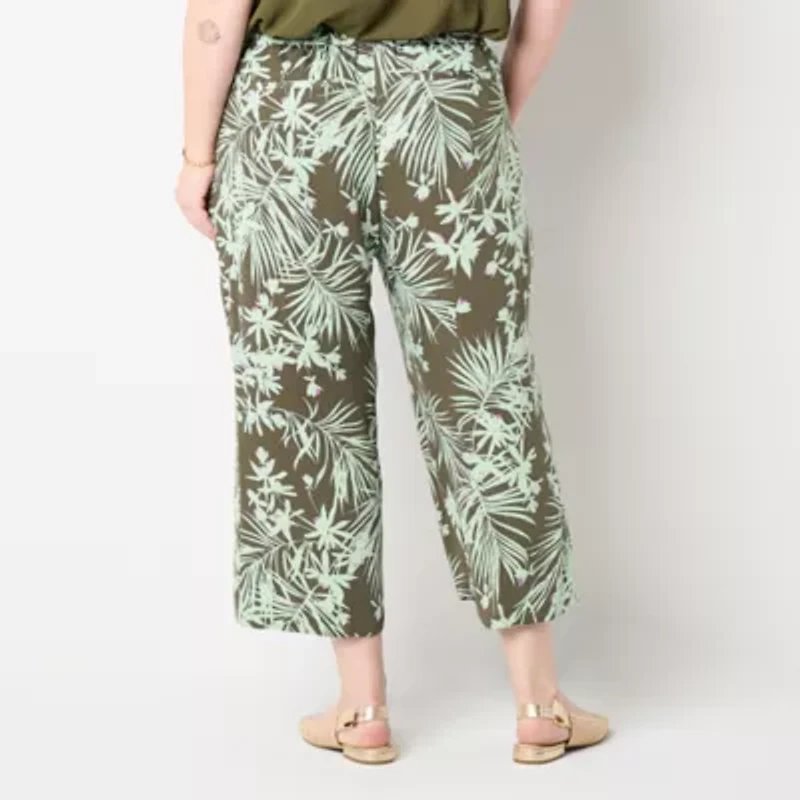 Liz Claiborne Womens Stretch Fabric Wide Leg Mid Rise Plus Cropped Pant
