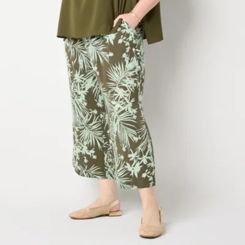 Liz Claiborne Womens Plus Stretch Fabric Wide Leg Mid Rise Cropped Pant
