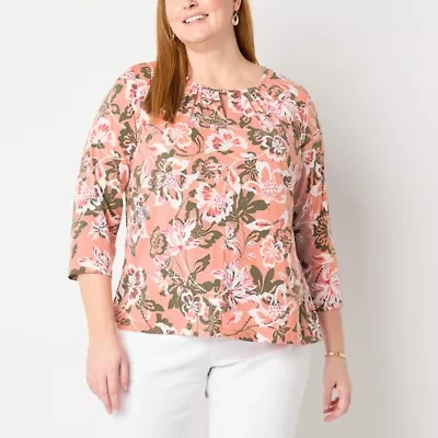Liz Claiborne Womens Plus Keyhole Neck 3/4 Sleeve Blouse