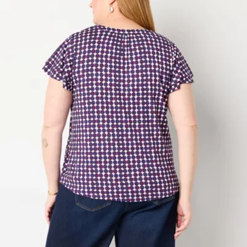 Liz Claiborne Womens Split Crew Neck Short Sleeve Plus Blouse