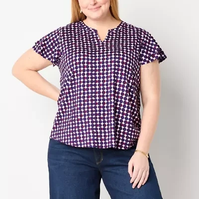 Liz Claiborne Womens Split Crew Neck Short Sleeve Plus Blouse