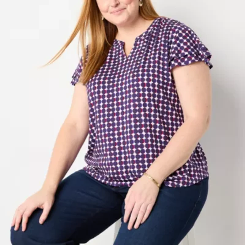 Liz Claiborne Womens Split Crew Neck Short Sleeve Plus Blouse