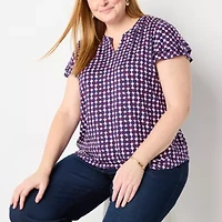 Liz Claiborne Womens Split Crew Neck Short Sleeve Plus Blouse