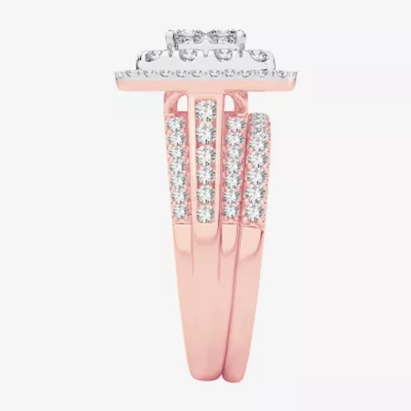 Limited Edition! Womens 1 CT.T.W. Natural Diamond 10K or 14K Gold Cushion Halo Bridal Set