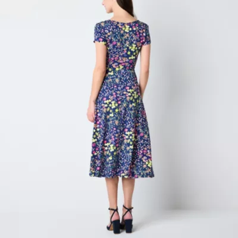 Studio 1 Womens Short Sleeve Floral Midi Fit + Flare Dress