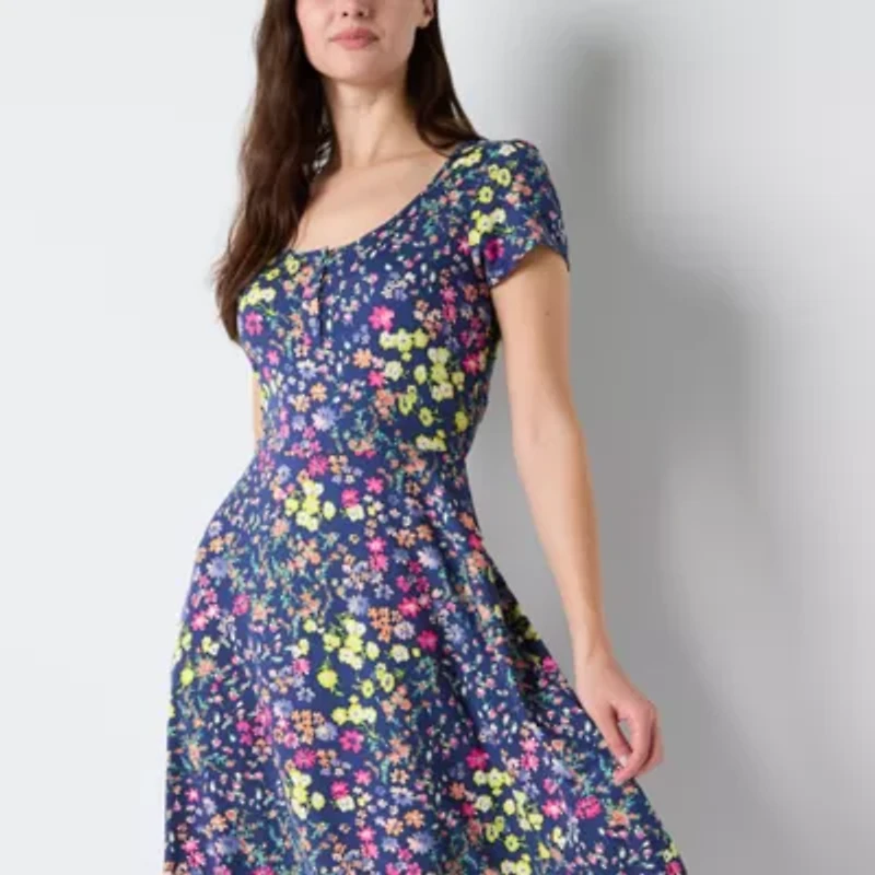 Studio 1 Womens Short Sleeve Floral Midi Fit + Flare Dress